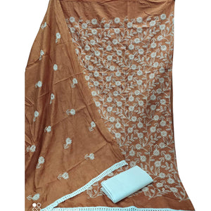 Beautiful Orange Colored Casual Wear Embroidered Chanderi Dywel Dress Material - Peachmode