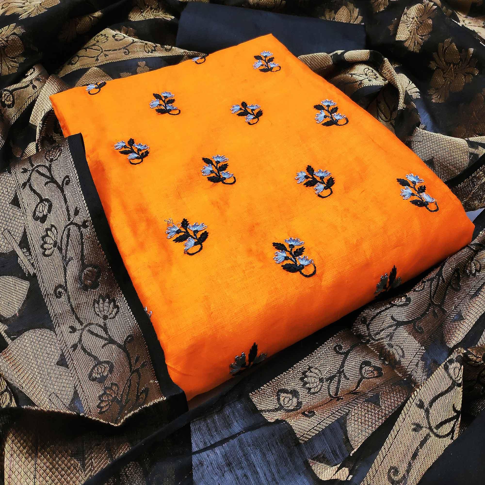 Beautiful Orange Colored Casual Wear Embroidered Cotton Dress Material With Banarasi Silk Dupatta - Peachmode