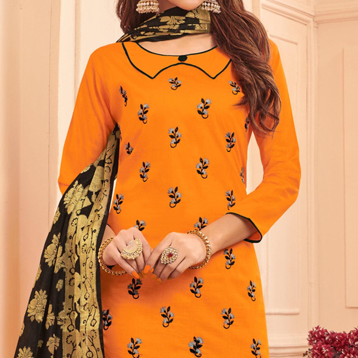 Beautiful Orange Colored Casual Wear Embroidered Cotton Dress Material With Banarasi Silk Dupatta - Peachmode