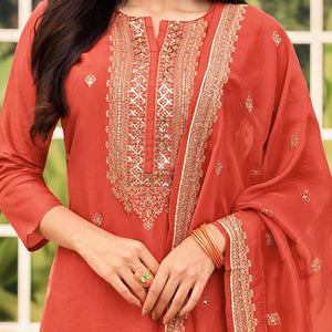 Beautiful Orange Colored Festive Wear Embroidered Art Silk Dress Material - Peachmode