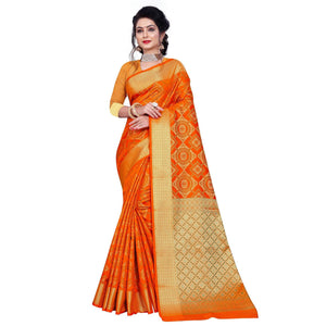 Beautiful Orange Colored Festive Wear Woven Banarasi Silk Saree - Peachmode