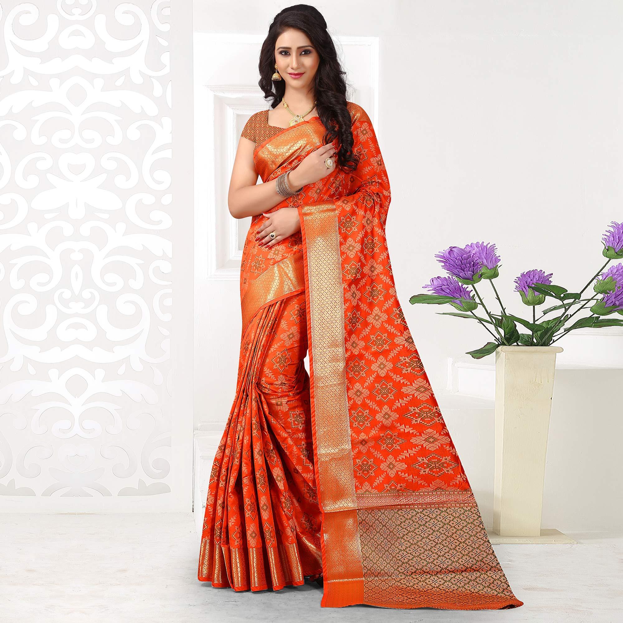 Beautiful Orange Colored Festive Wear Woven Silk Saree - Peachmode
