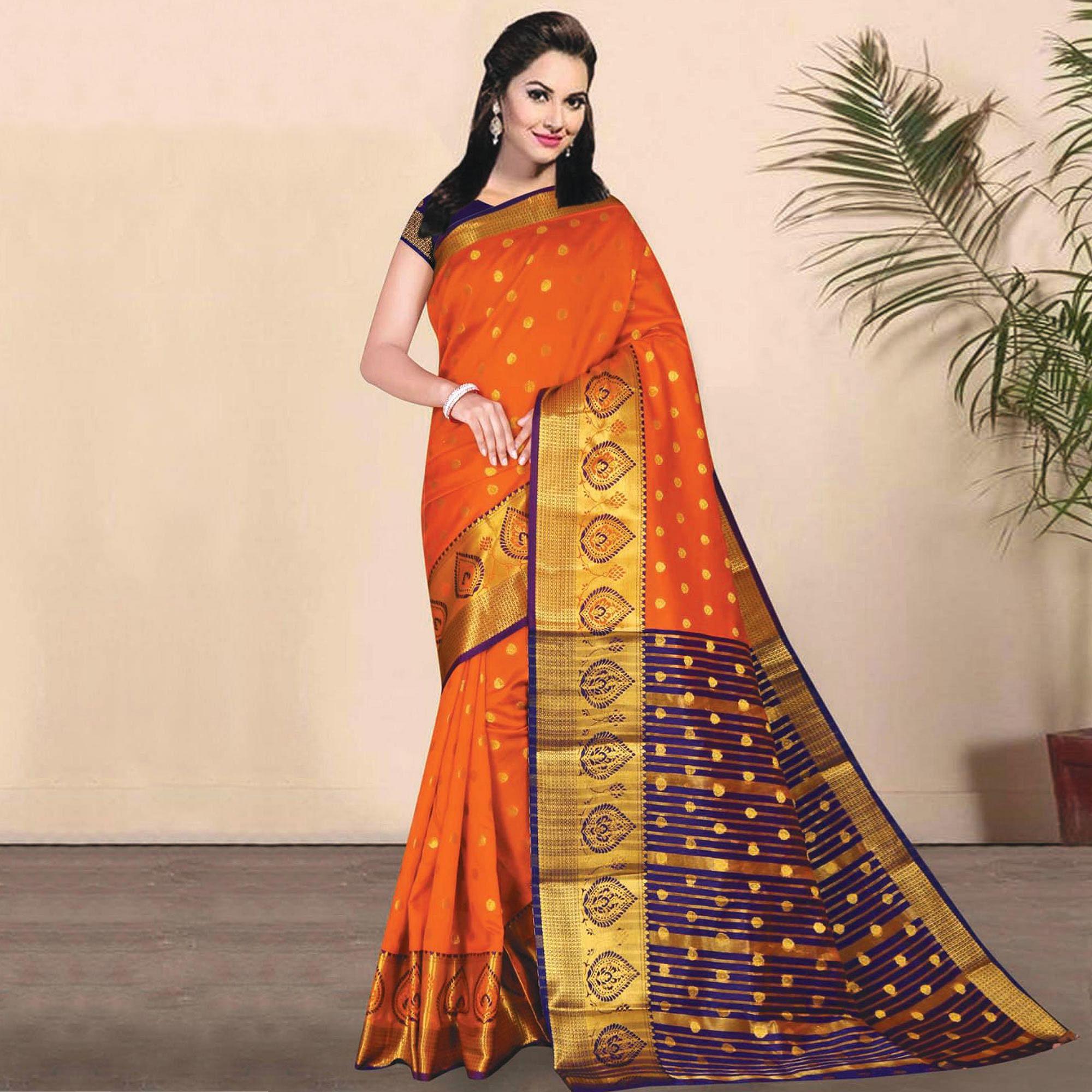 Beautiful Orange Coloured Festive Wear Woven Kota Litchi Art Silk Saree - Peachmode
