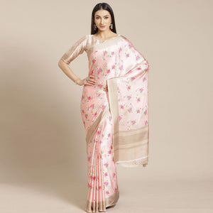 Beautiful Peach Colored Casual Wear Printed Satin Crepe Saree - Peachmode