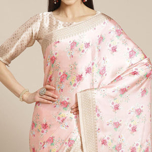 Beautiful Peach Colored Casual Wear Printed Satin Crepe Saree - Peachmode