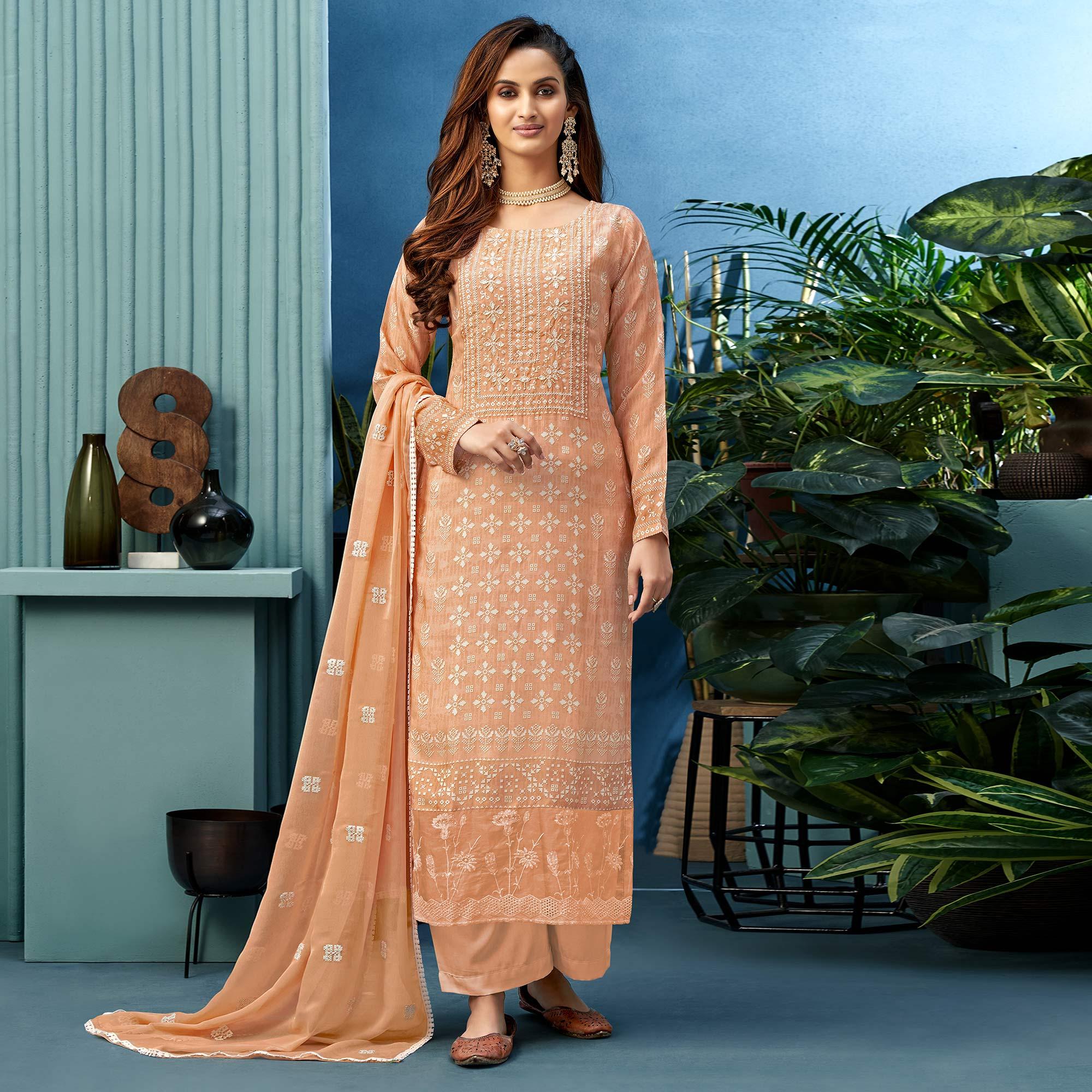 Beautiful Peach Colored Partywear Digital Printed Pure Muslin Palazzo Suit - Peachmode
