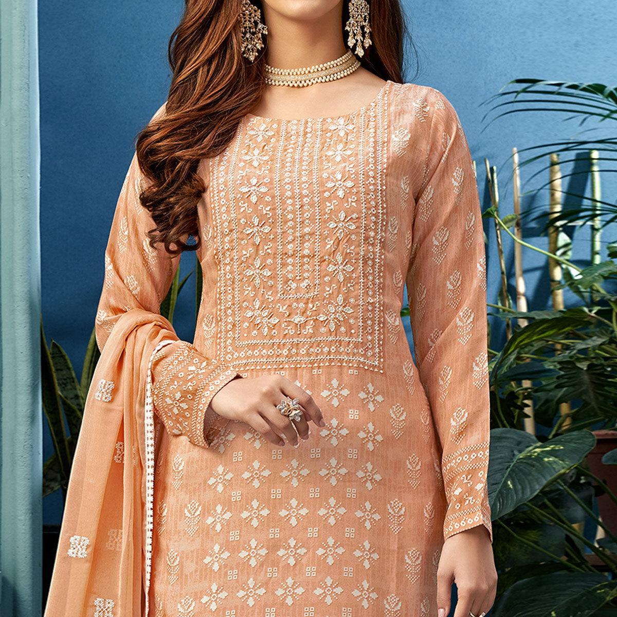 Beautiful Peach Colored Partywear Digital Printed Pure Muslin Palazzo Suit - Peachmode