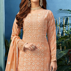Beautiful Peach Colored Partywear Digital Printed Pure Muslin Palazzo Suit - Peachmode