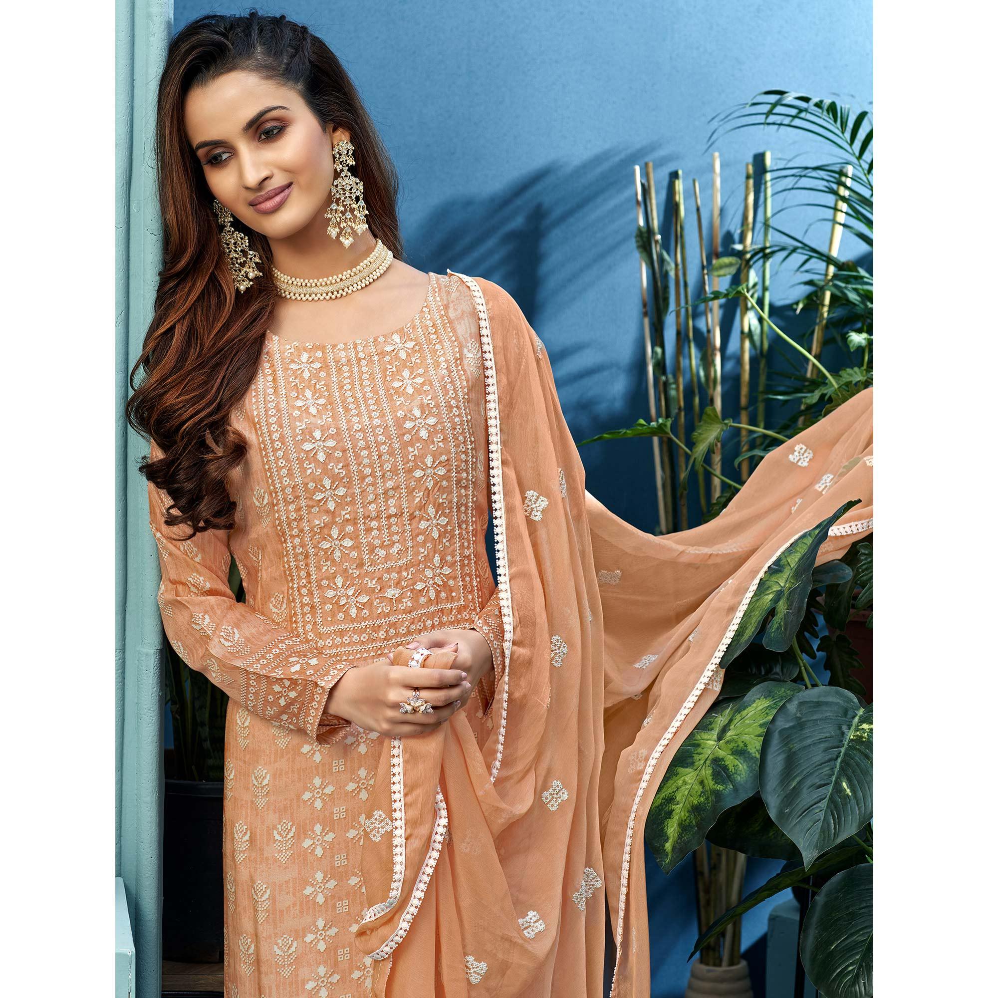 Beautiful Peach Colored Partywear Digital Printed Pure Muslin Palazzo Suit - Peachmode