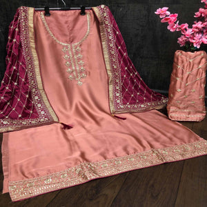 Beautiful Peach Colored Partywear Embroidered Satin Georgette Palazzo Suit - Peachmode