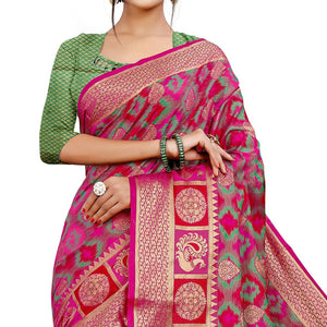 Beautiful Pink Colored Festive Wear Woven Cotton Silk Saree - Peachmode