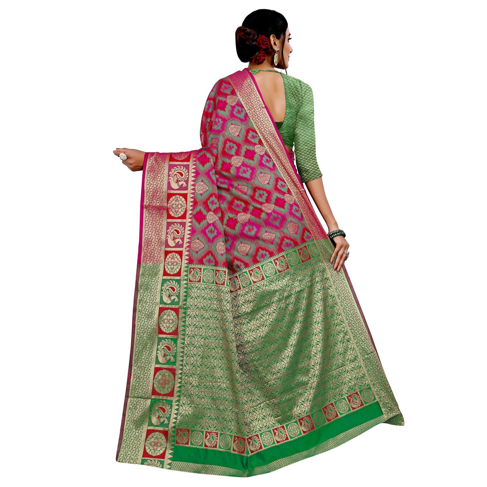 Beautiful Pink Colored Festive Wear Woven Cotton Silk Saree - Peachmode