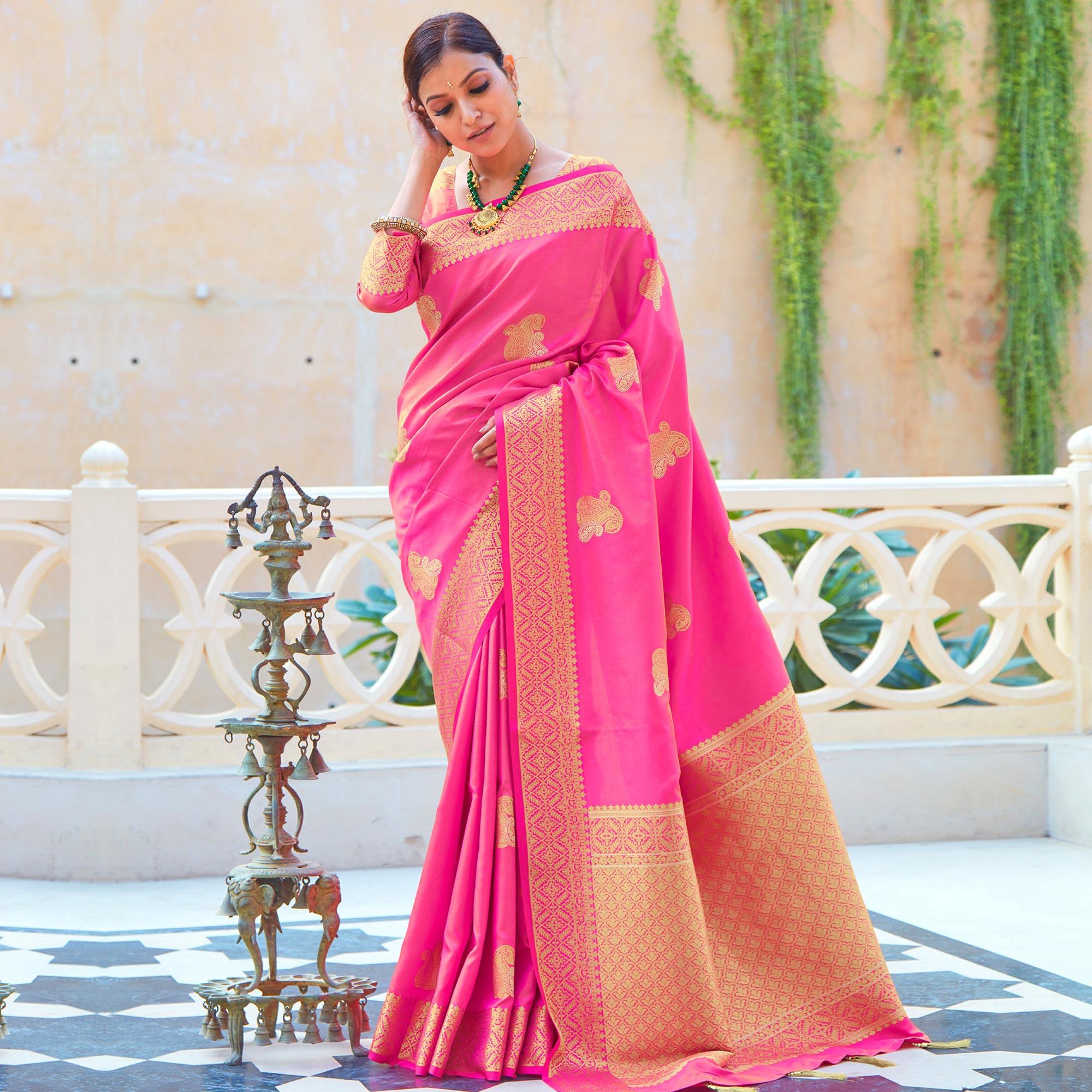 Beautiful Pink Colored Festive Wear Woven Fancy Silk Saree - Peachmode