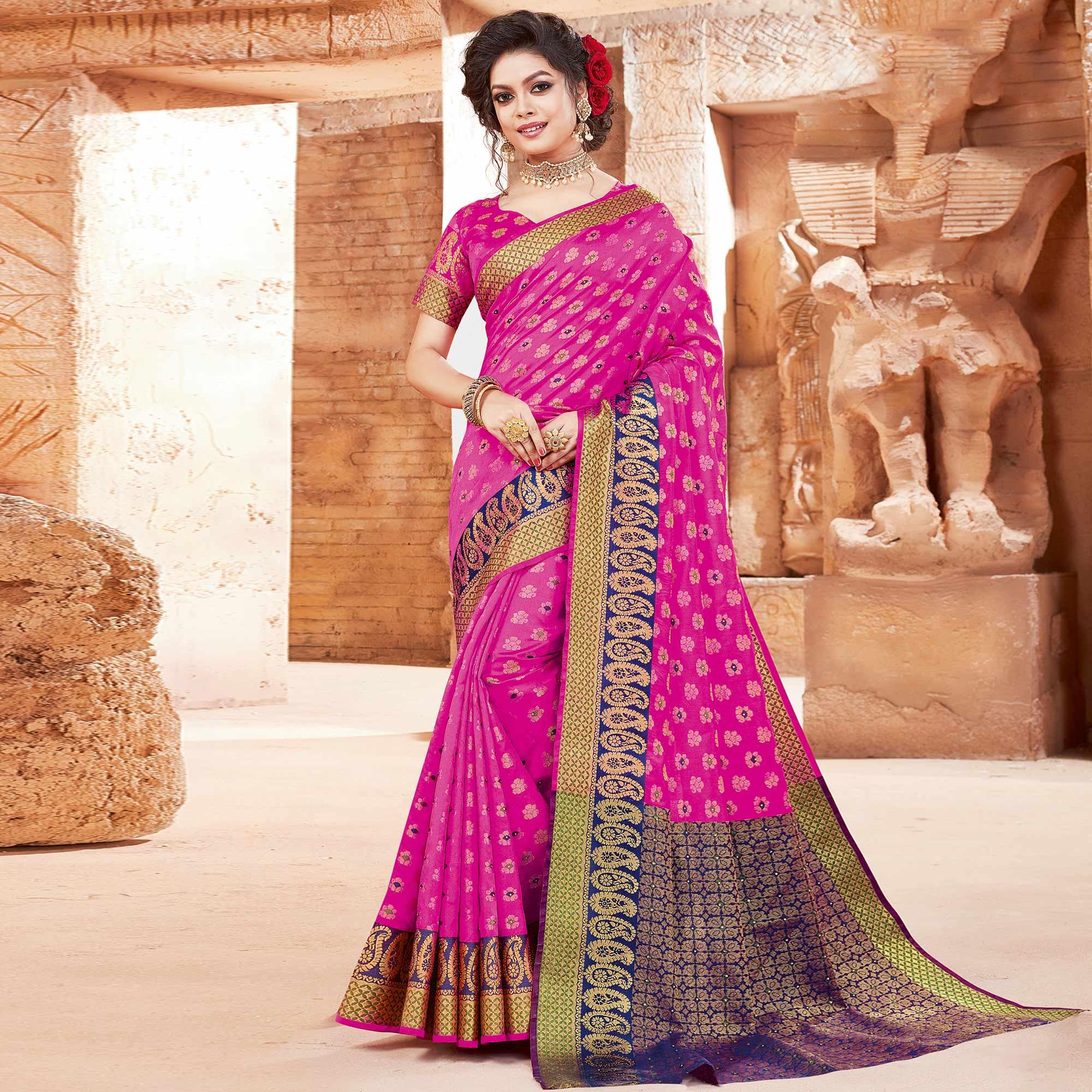 Beautiful Pink Colored Festive Wear Woven Handloom Silk Saree - Peachmode