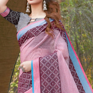 Beautiful Pink Colored Festive Wear Woven Linen Saree - Peachmode