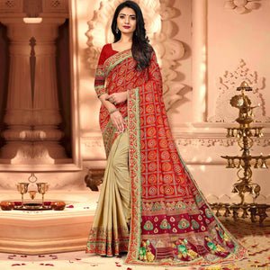 Beautiful Red & Brown Coloured Partywear Diamond Work Half & Half Art Silk Saree - Peachmode
