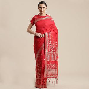 Beautiful Red Colored Festive Wear Silk Blend Woven Geometric Saree With Tassels - Peachmode