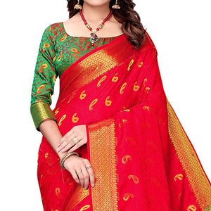 Beautiful Red Colored Festive Wear Woven Silk Saree - Peachmode