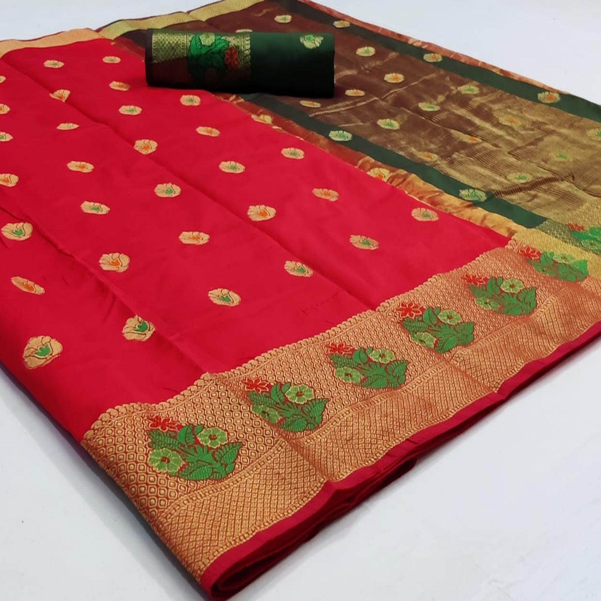 Beautiful Red Colored Festive Wear Woven Soft Silk Saree - Peachmode
