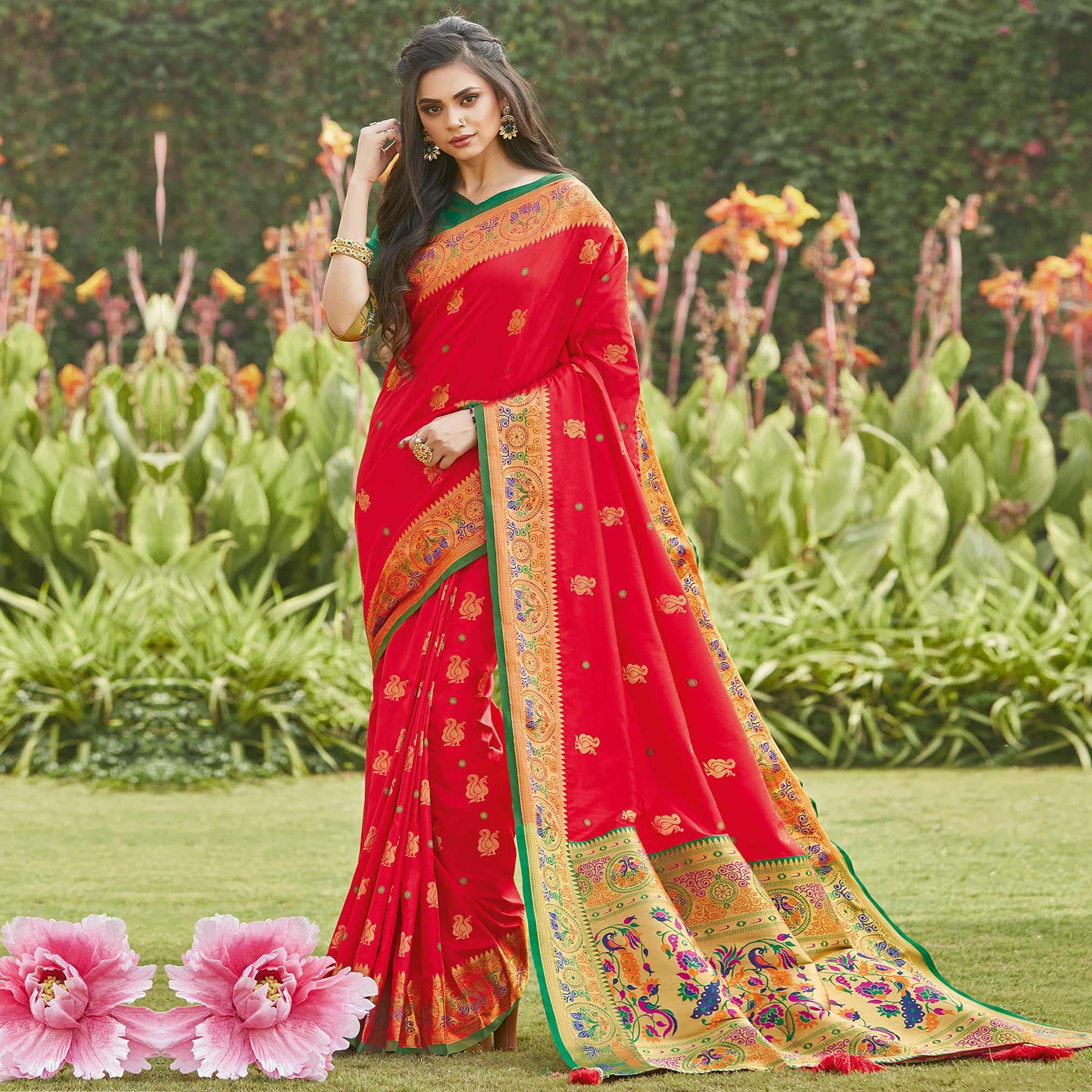 Beautiful Red Coloured Partywear Woven Silk Saree - Peachmode