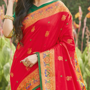 Beautiful Red Coloured Partywear Woven Silk Saree - Peachmode