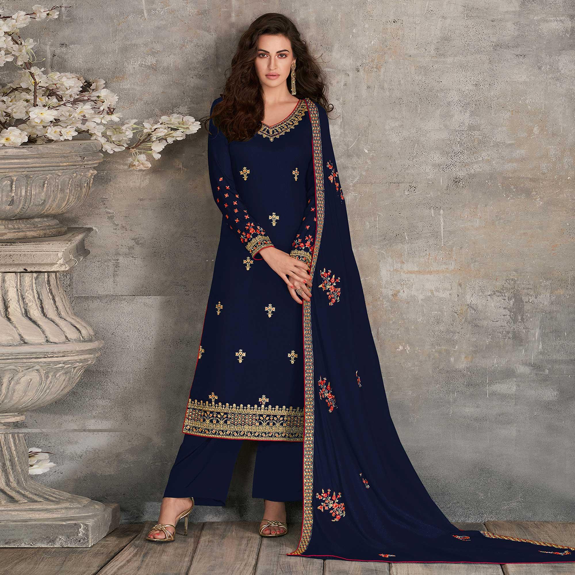 Beautiful Royal Blue Coloured Partywear Designer Heavy Rangoli Georgette Palazzo Suit - Peachmode