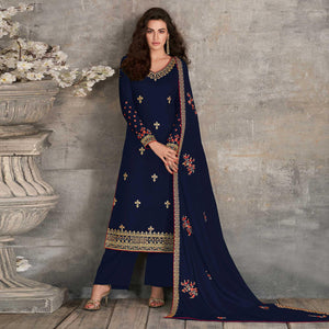 Beautiful Royal Blue Coloured Partywear Designer Heavy Rangoli Georgette Palazzo Suit - Peachmode