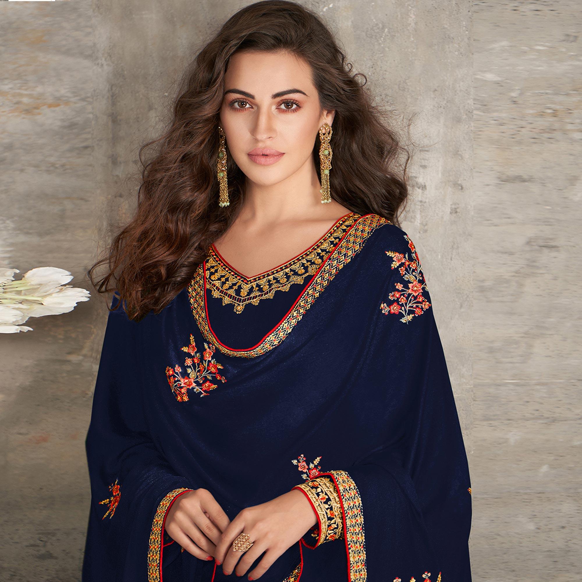 Beautiful Royal Blue Coloured Partywear Designer Heavy Rangoli Georgette Palazzo Suit - Peachmode