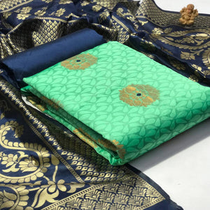 Beautiful Sea Green Colored Casual Wear Banarasi Silk Dress Material - Peachmode