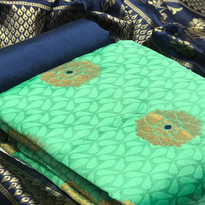 Beautiful Sea Green Colored Casual Wear Banarasi Silk Dress Material - Peachmode