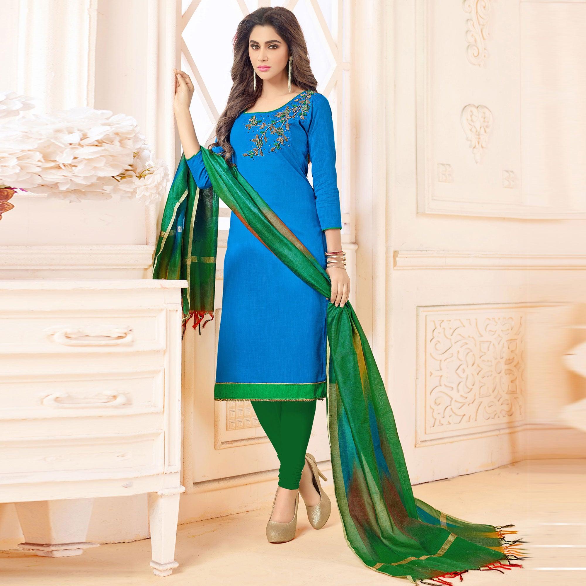 Beautiful Sky Blue Colored Embroidered Khadi Silk Dress Material - Peachmode