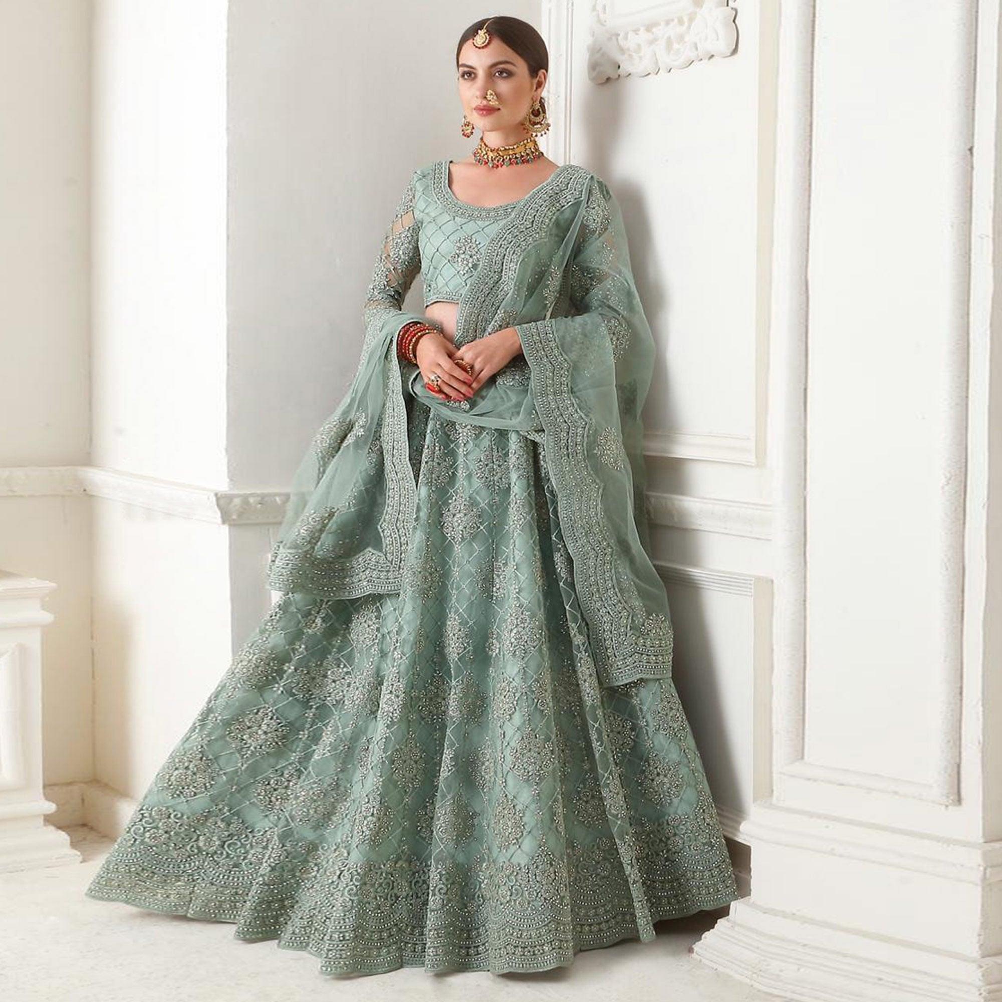 Beautiful Teal Grey Colored cording Embroidery Wedding Wear Net Lehenga Choli - Peachmode