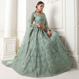 Beautiful Teal Grey Colored cording Embroidery Wedding Wear Net Lehenga Choli - Peachmode