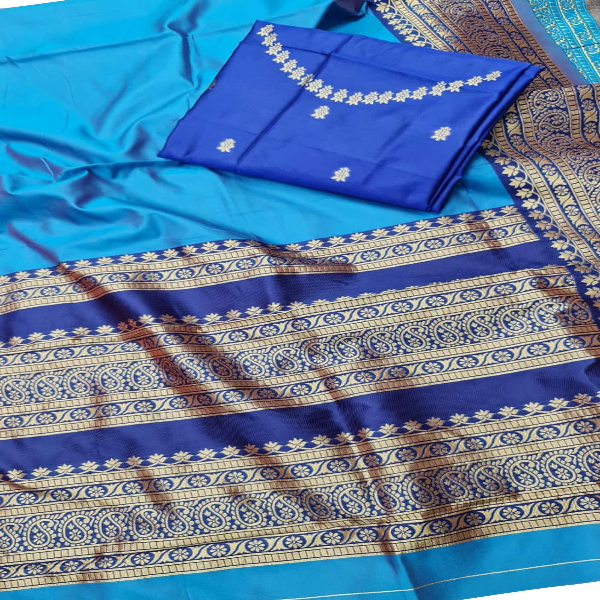 Beautiful Turquoise Blue Colored Festive Wear Woven Soft Lichi Silk Saree - Peachmode