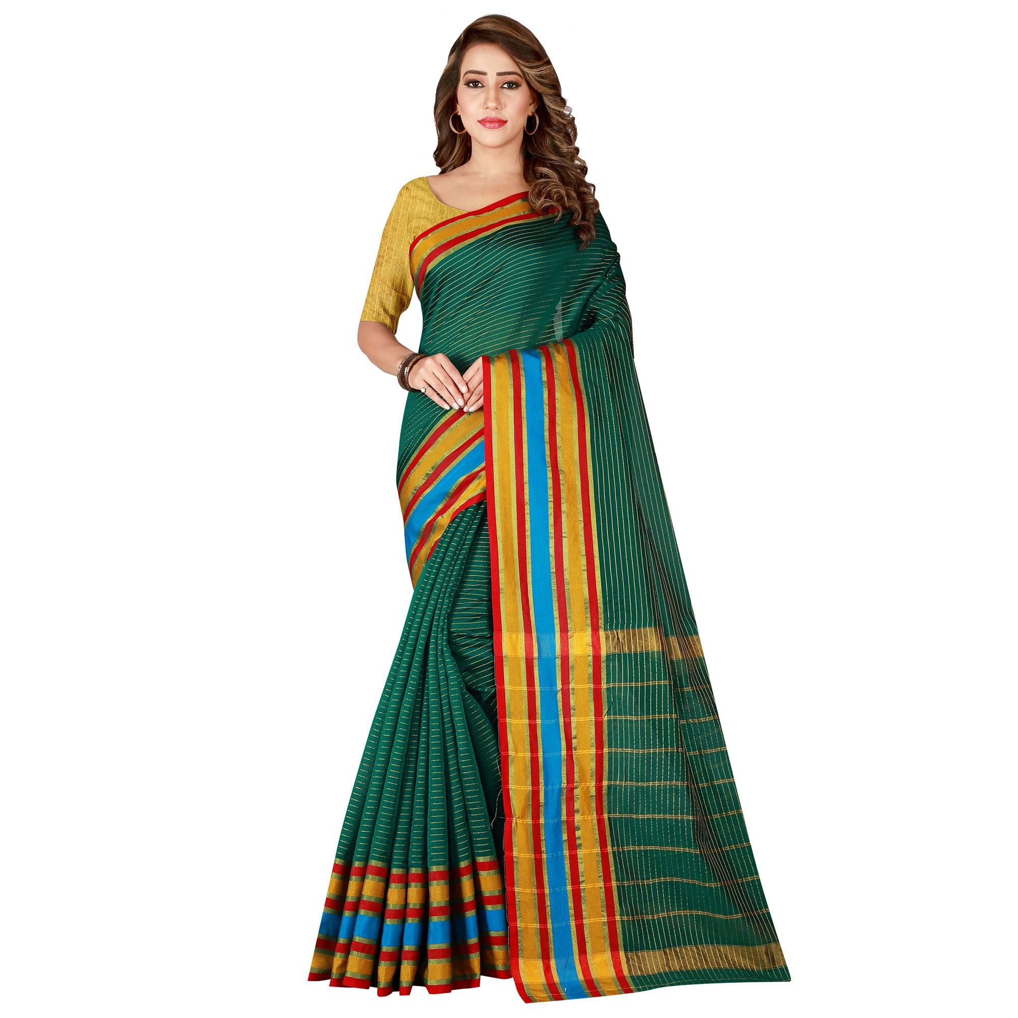 Beautiful Turquoise Green Colored Casual Wear Cotton Silk Saree - Peachmode