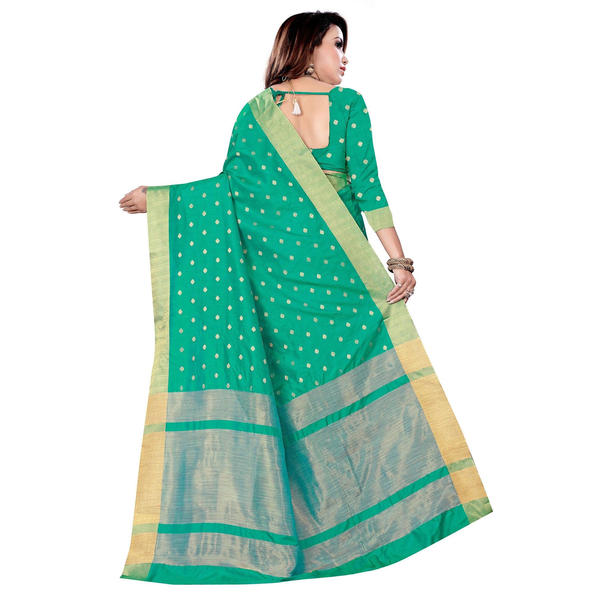 Beautiful Turquoise Green Colored Festive Wear Woven Art Silk Saree - Peachmode