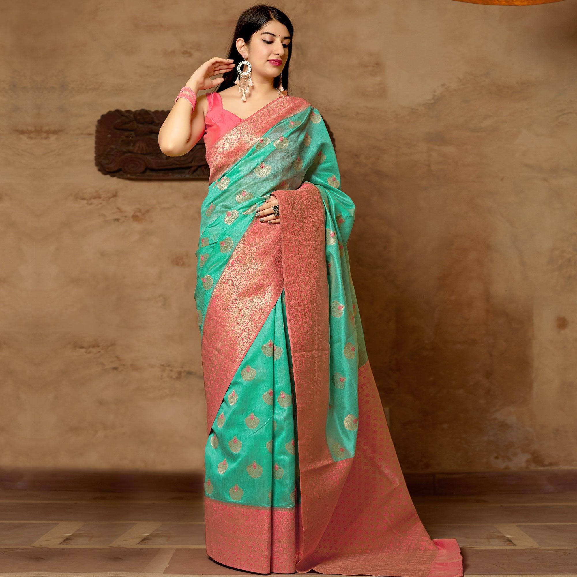 Beautiful Turquoise Green Colored Festive Wear Woven Banarasi Silk Saree - Peachmode