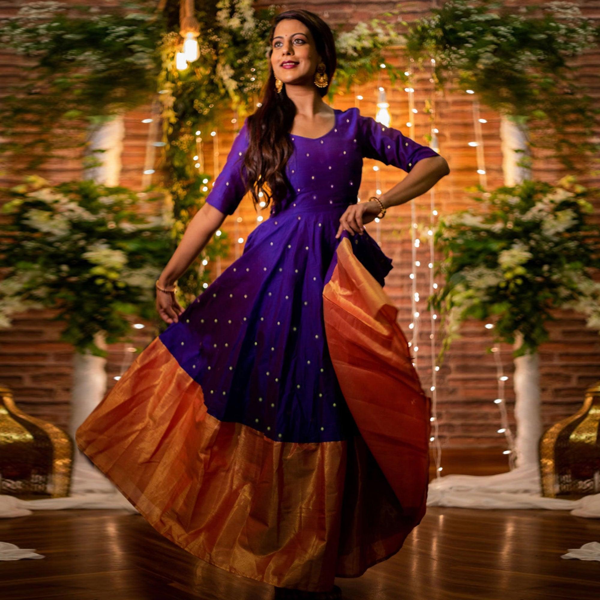 Beautiful Violet Colored Designer Partywear Tapetta Silk Gown - Peachmode