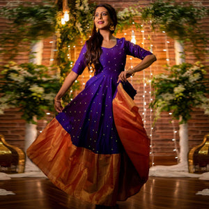 Beautiful Violet Colored Designer Partywear Tapetta Silk Gown - Peachmode