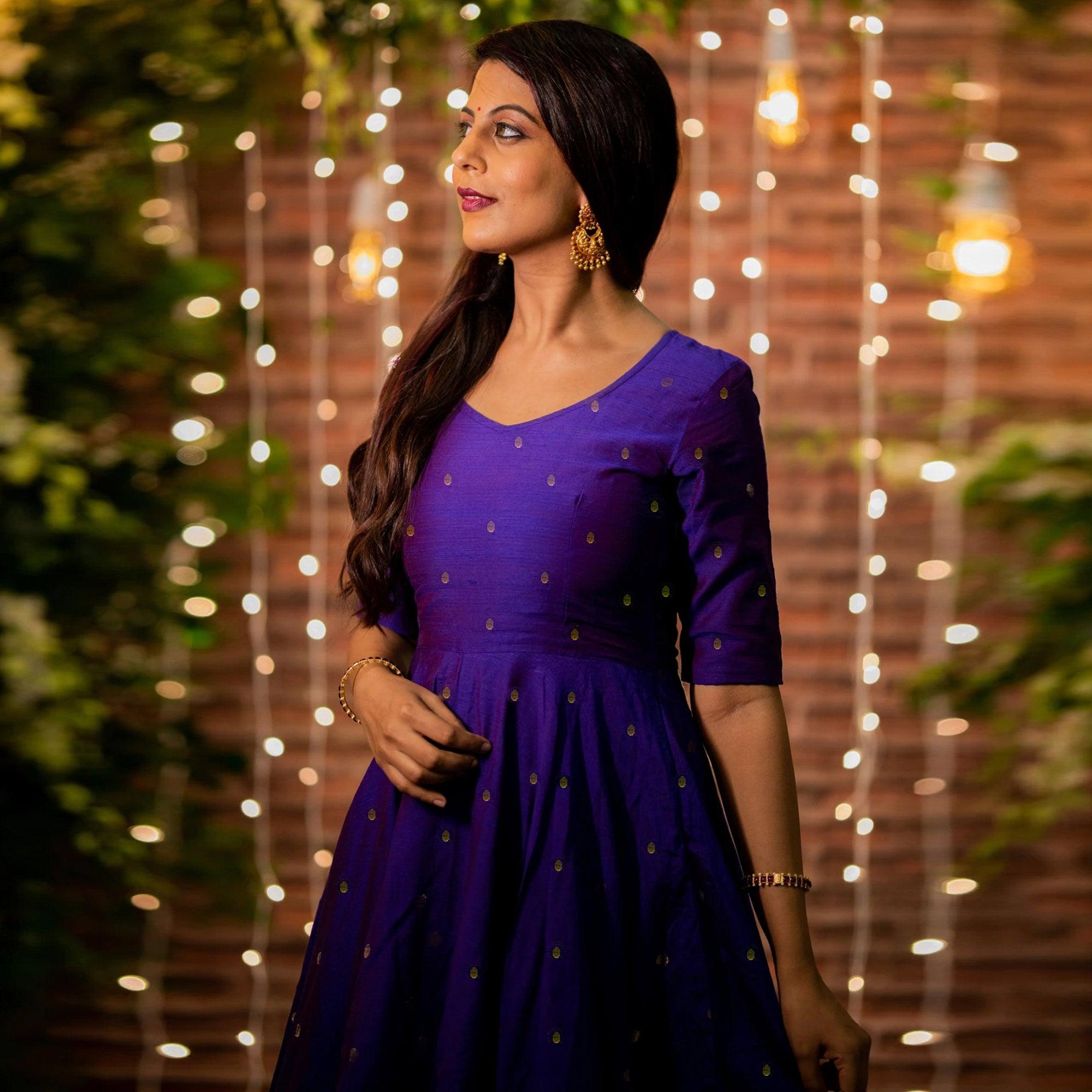 Beautiful Violet Colored Designer Partywear Tapetta Silk Gown - Peachmode