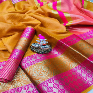 Beautiful Yellow Colored Festive Wear Woven Heavy Cotton Saree - Peachmode