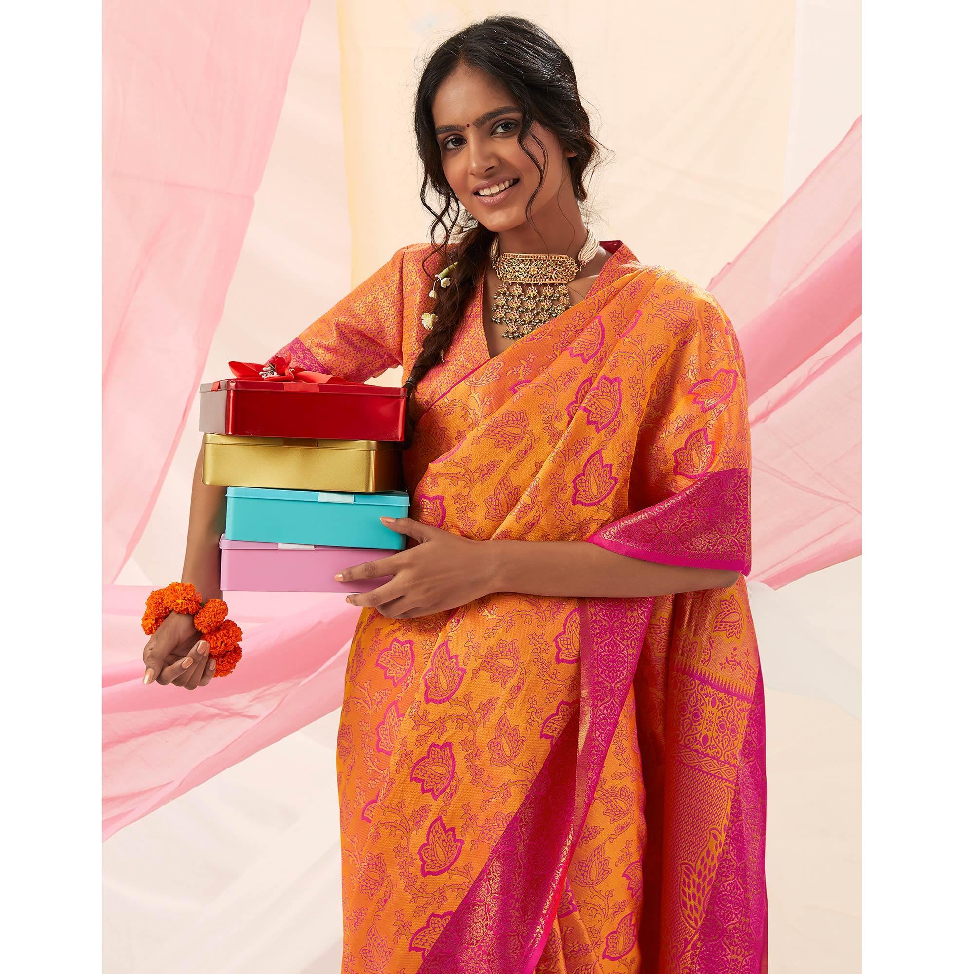 Beautiful Yellow Colored Festive Wear Woven Soft Silk Saree - Peachmode