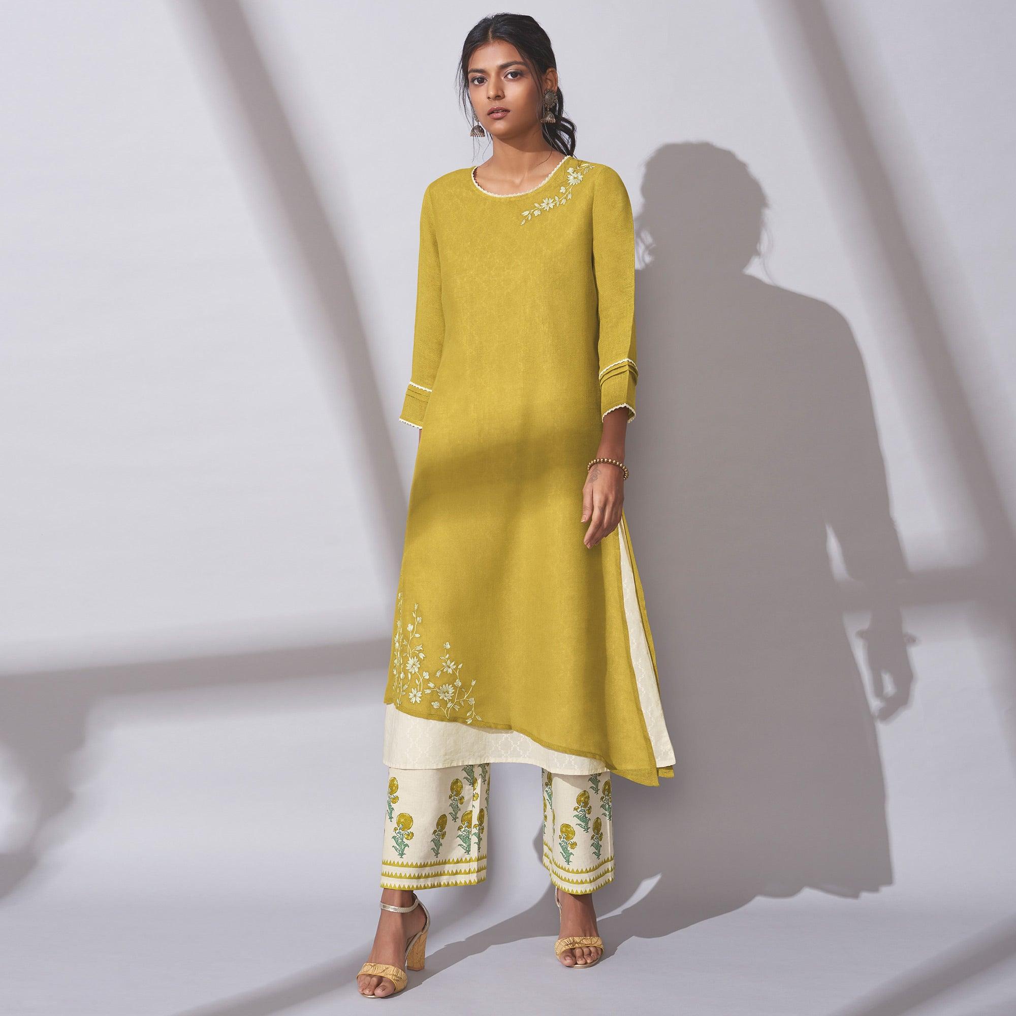 Beautiful Yellow Colored Party Wear Embroidered Khadi Cotton Kurti-Palazzo Set - Peachmode