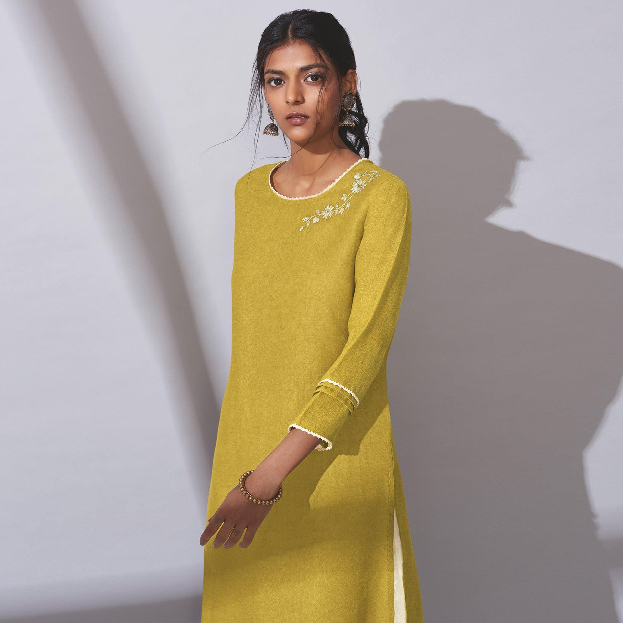 Beautiful Yellow Colored Party Wear Embroidered Khadi Cotton Kurti-Palazzo Set - Peachmode