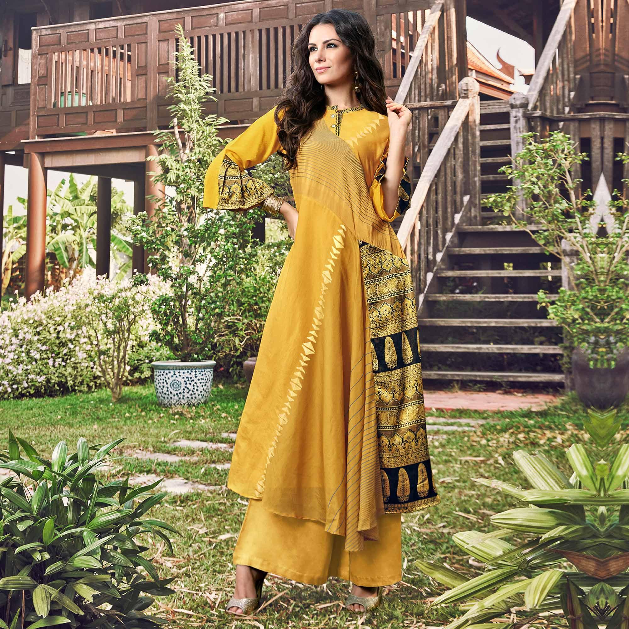 Beautiful Yellow Colored Party Wear Printed Modal-Jacquard Long Kurti - Peachmode