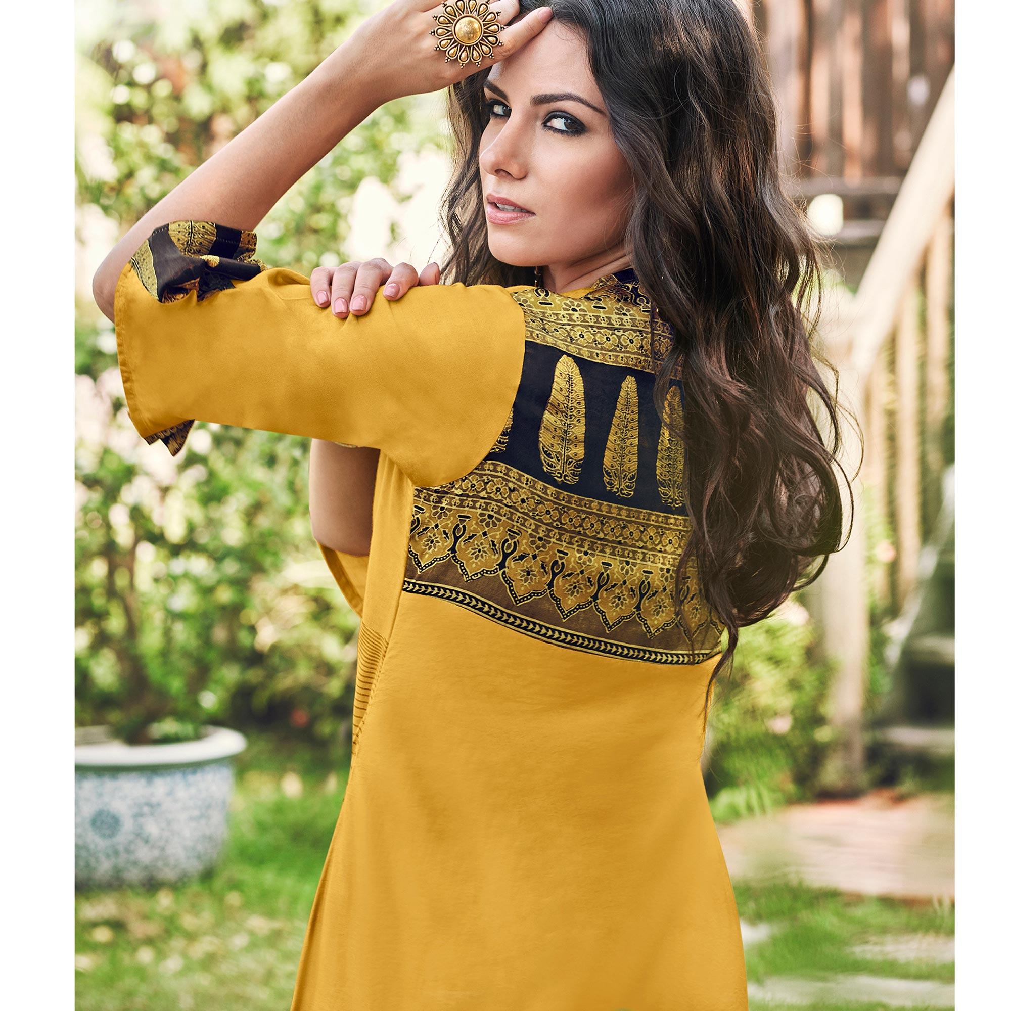 Beautiful Yellow Colored Party Wear Printed Modal-Jacquard Long Kurti - Peachmode