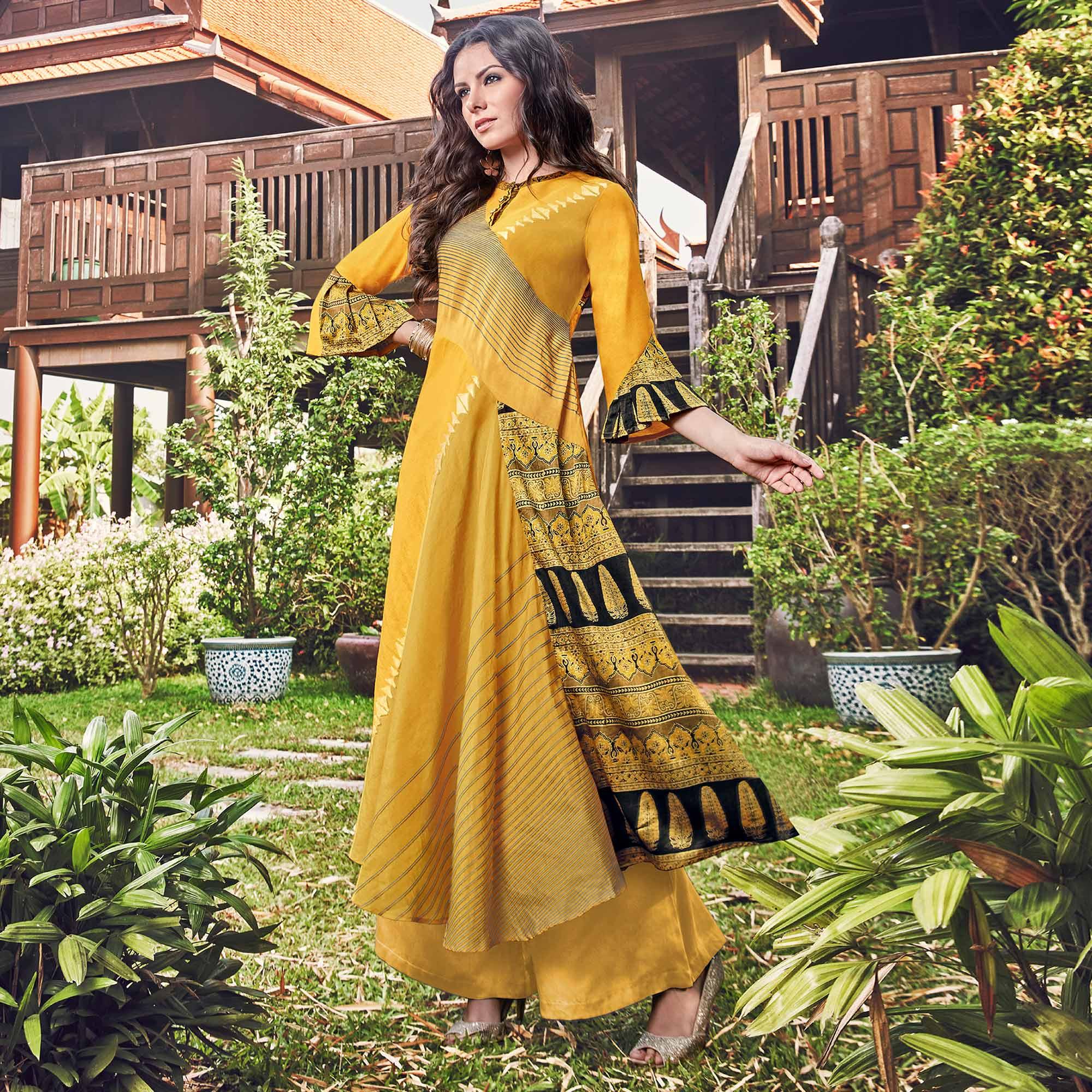 Beautiful Yellow Colored Party Wear Printed Modal-Jacquard Long Kurti - Peachmode