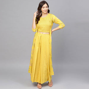 Beautiful Yellow Colored Party Wear Printed Viscose-Rayon Kurti-Palazzo Set With Jacket - Peachmode