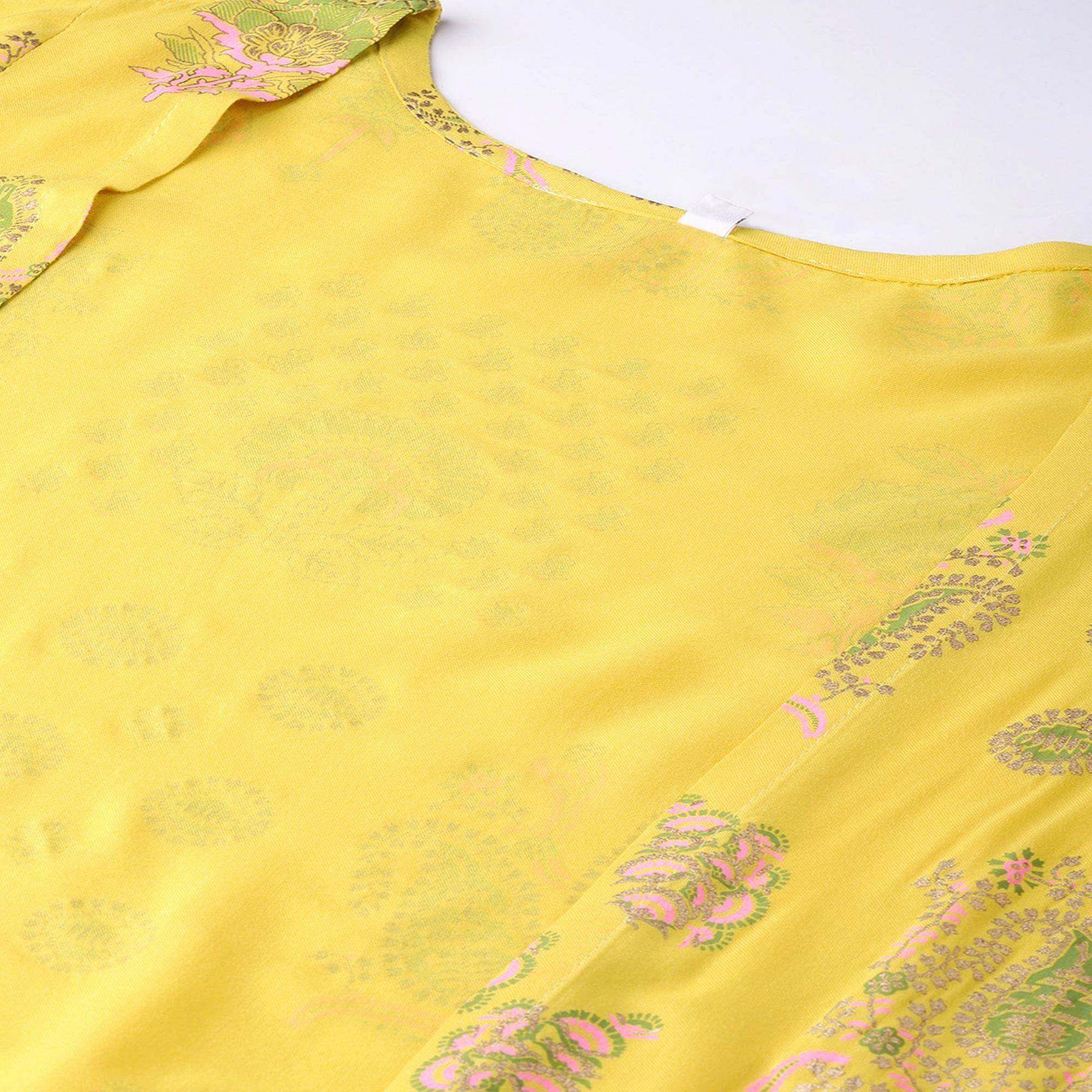 Beautiful Yellow Colored Party Wear Printed Viscose-Rayon Kurti-Palazzo Set With Jacket - Peachmode