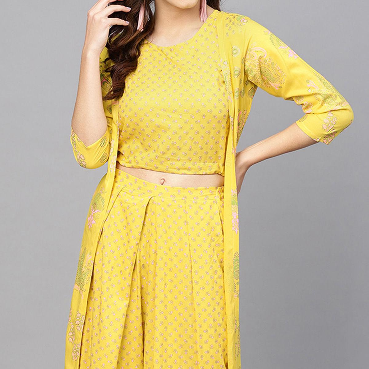 Beautiful Yellow Colored Party Wear Printed Viscose-Rayon Kurti-Palazzo Set With Jacket - Peachmode